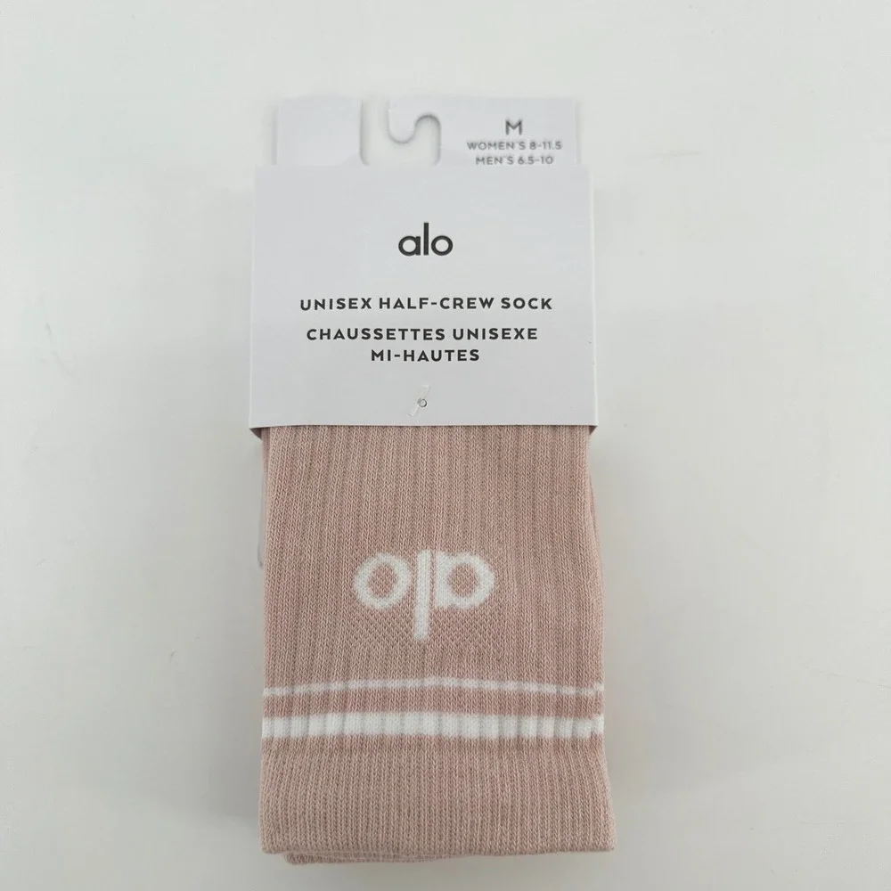 Alo Yoga Unisex Half-Crew Sock Pink Quartz White Stripes A0480U Medium NWT